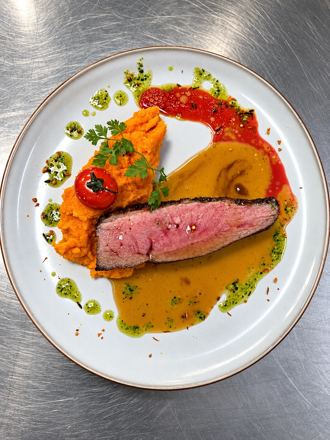 Piece de boeuf, ecrase de carotte et jus corse