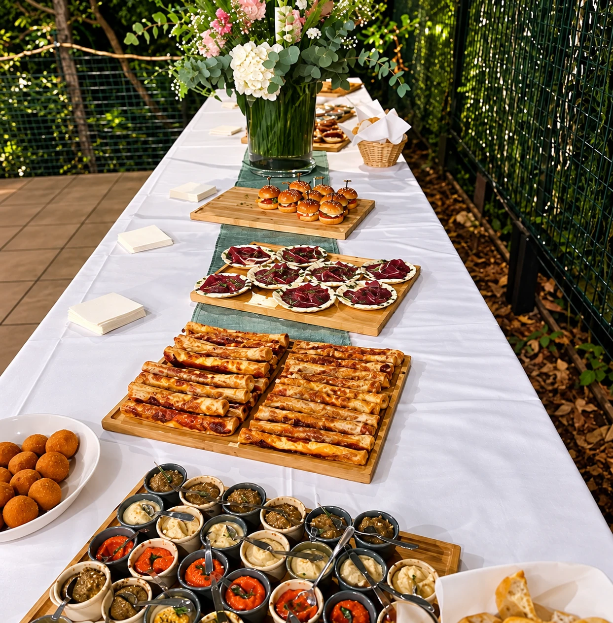 Buffet dinatoire dresse en exterieur, mini burgers, roules croustillants et assortiment de dips