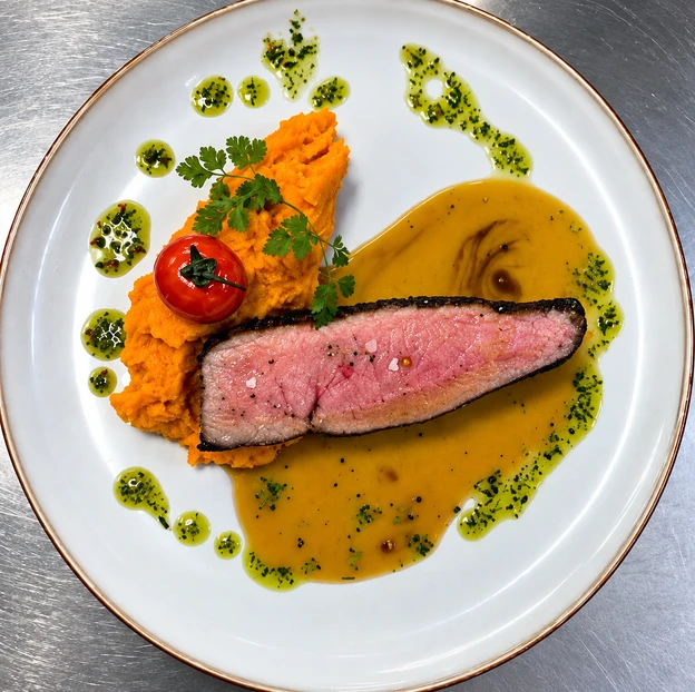 Magret de canard, puree de patate douce et jus corse, cuisine des Magnolias