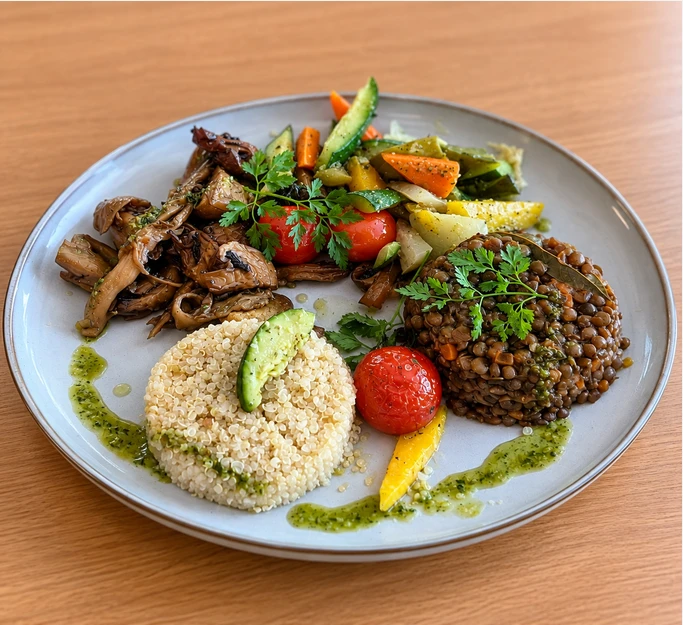 Assiette vegetarienne des Magnolias, quinoa, avocat et lentilles au laurier