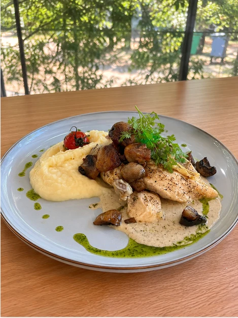 Filet de volaille et champignons poeles servi en salle, vue sur le jardin