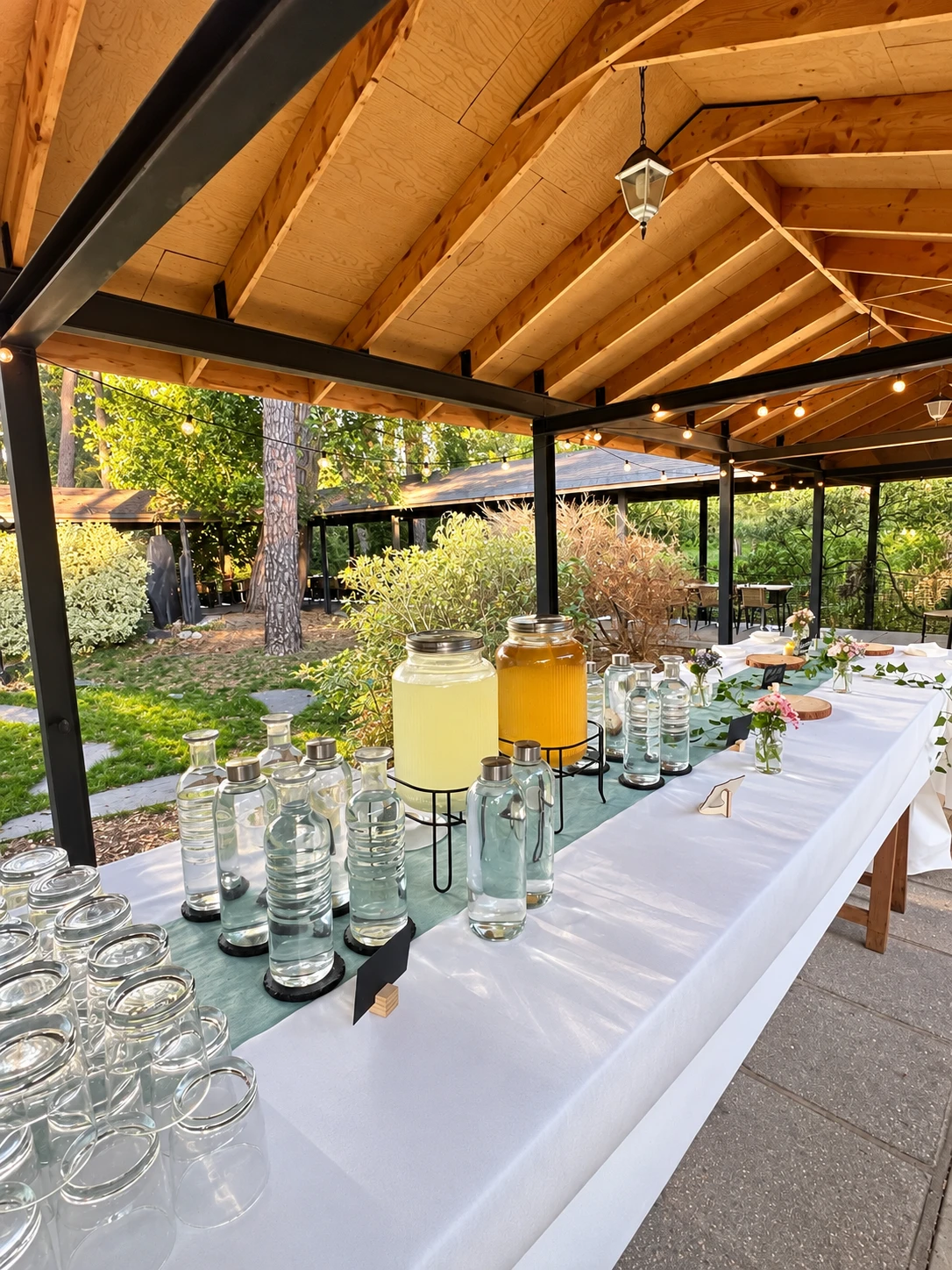 Le patio en fin de journee, table de rafraichissements