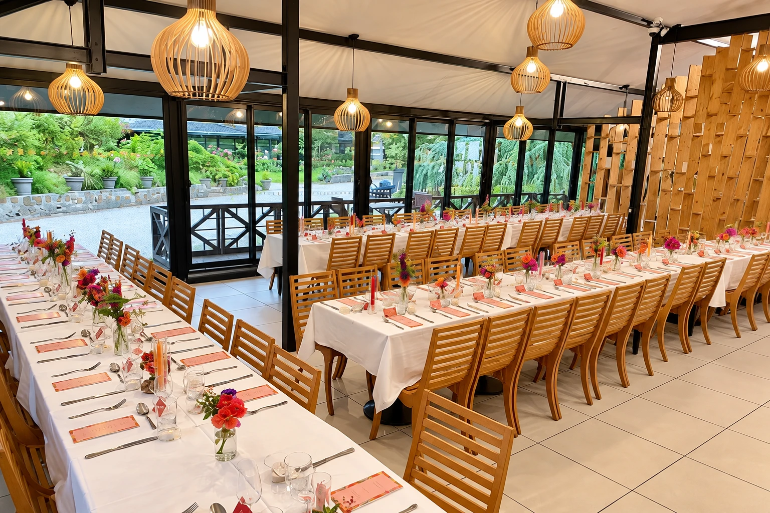 Salle interieure, longues tables dressees en corail sous les suspensions