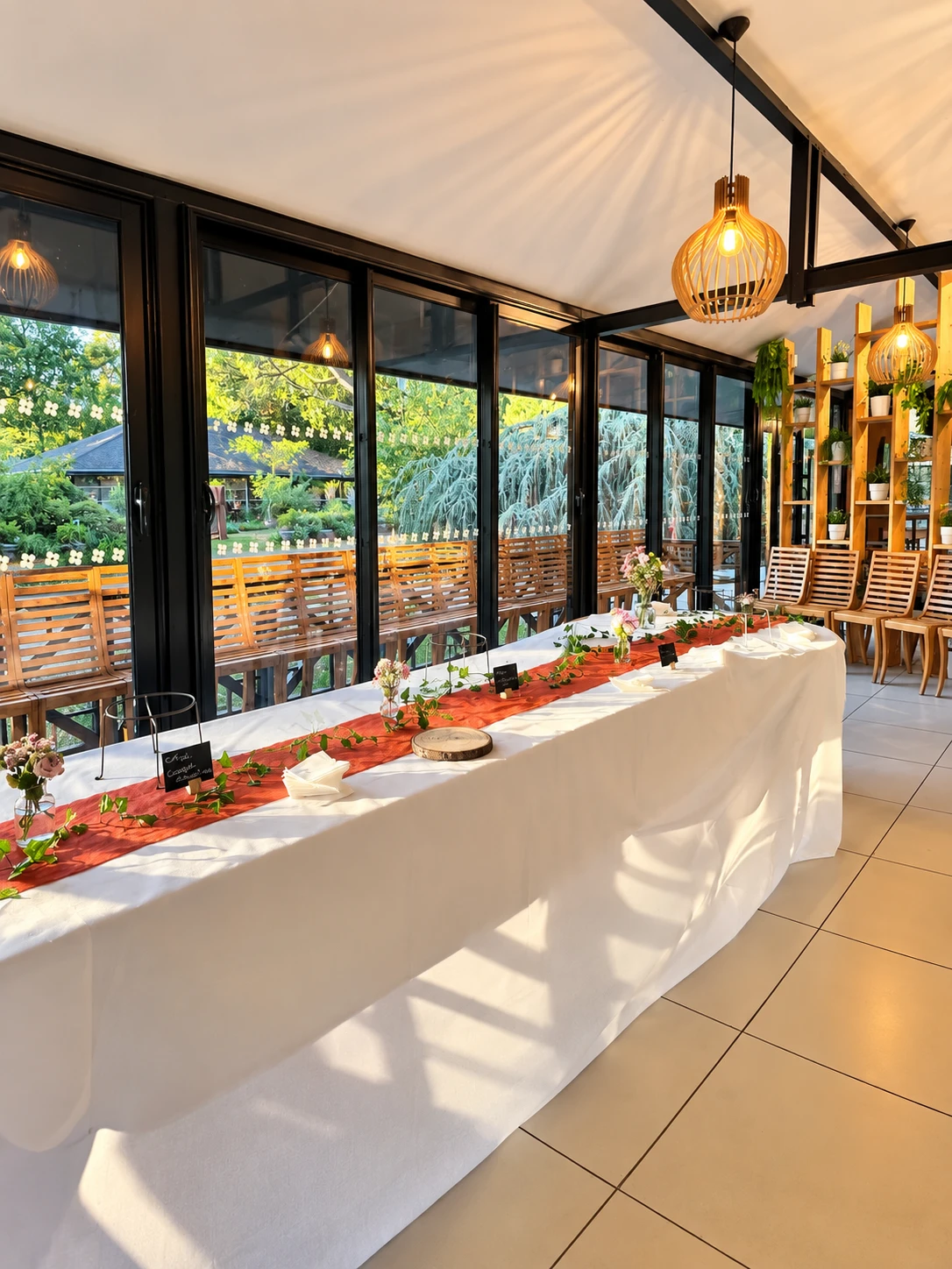 Salle interieure, table dressee avec chemin de table orange