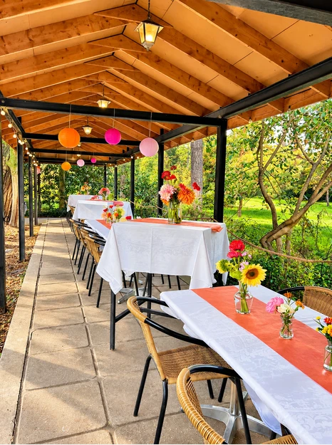 Tables dressees sous la pergola, lampions colores et bouquets de dahlias