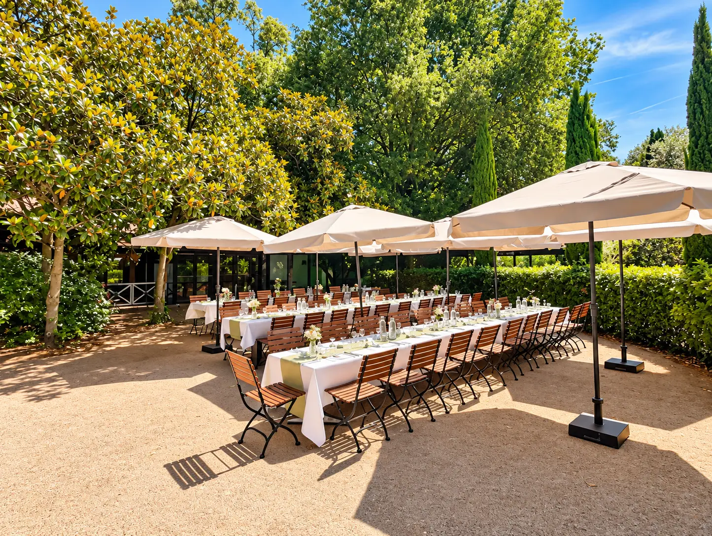 La terrasse et ses parasols, tables dressees dans le jardin