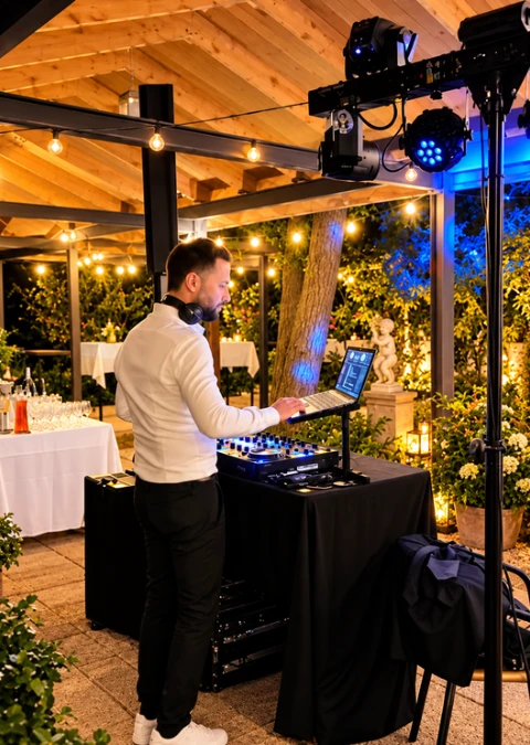 Notre DJ aux platines, sous la pergola illuminée du patio