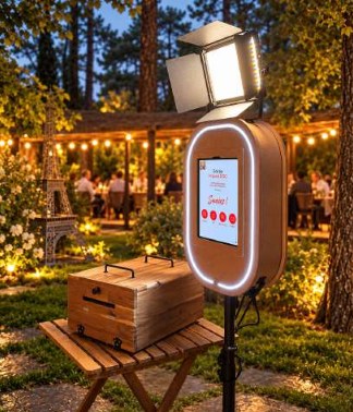 Photobooth en bois avec son éclairage, installé dans le jardin au crépuscule